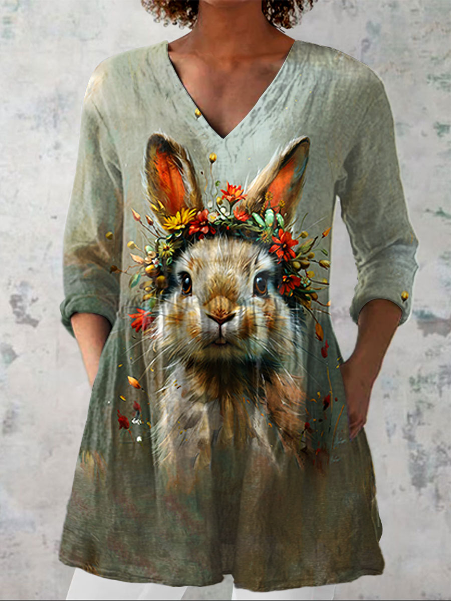 Women's  Vintage Easter  Bunny Art Print Casual Linen V-neck Shirt