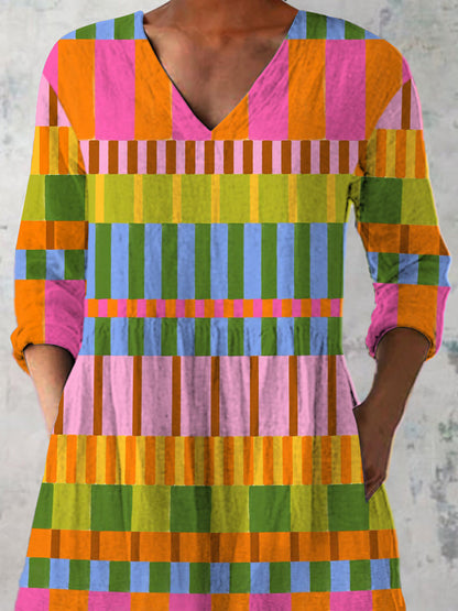 Multicolor Geometric Strip Pattern Printed Women's Casual Linen V-Neck Shirt