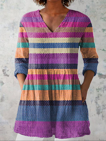 Summer Woven Strip Pattern Printed Women's Casual Linen V-Neck Shirt