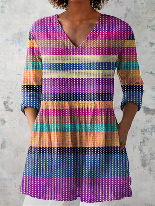 Summer Woven Strip Pattern Printed Women's Casual Linen V-Neck Shirt