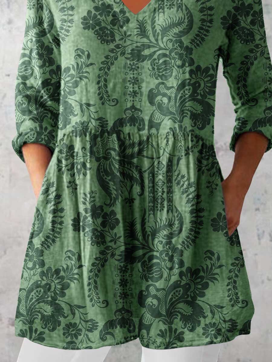 Women's Elegant Floral Pattern Cotton and Linen Top