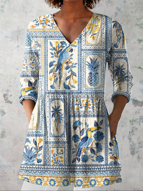 Summer Tropical Pattern Printed Women's Casual Linen V-Neck Shirt