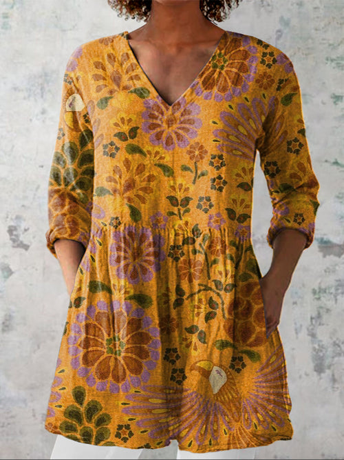 Summer Toucan And Floral Pattern Printed Women's Casual Linen V-Neck Shirt