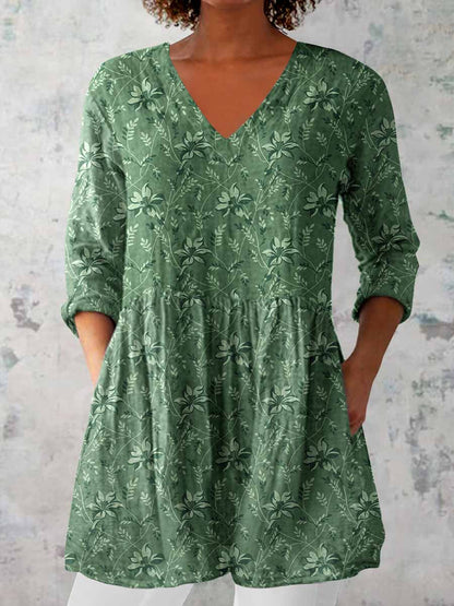 Women's Elegant Floral Pattern Round Neck Cotton and Linen Top