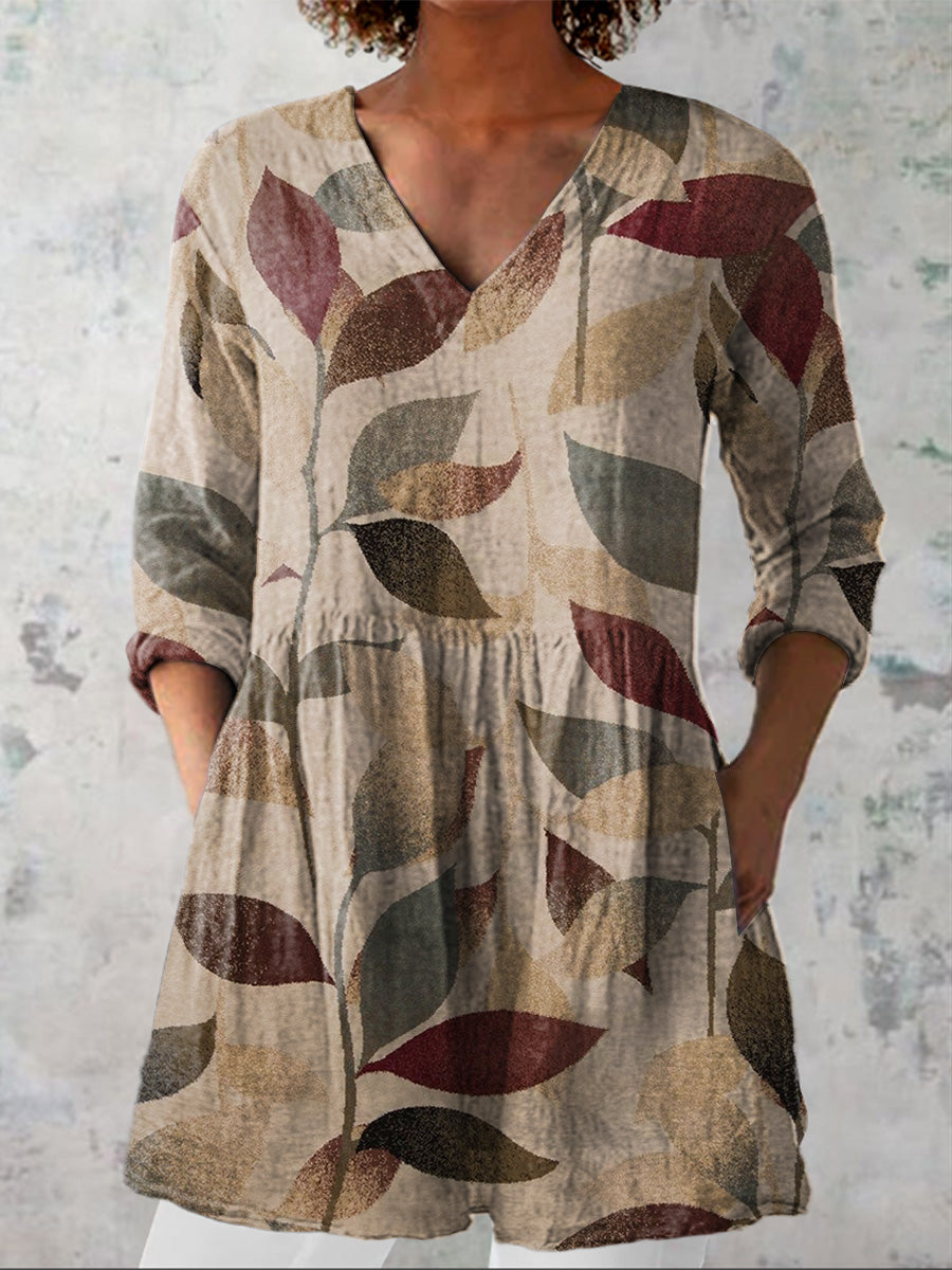 Vintage Bough Pattern Printed Women's Casual Linen V-Neck Shirt