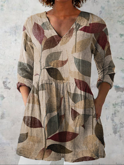 Vintage Bough Pattern Printed Women's Casual Linen V-Neck Shirt