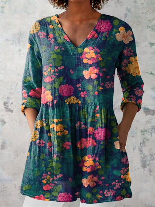 Women's Colorful Flower Art Print Casual Linen V-neck Shirt