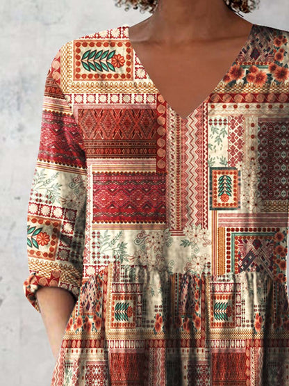 Women's Retro Floral Art Print Casual Cotton And Linen V-neck Top