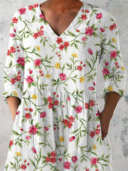 Watercolor Spring Floral Pattern Printed Women's Casual Linen V-Neck Shirt