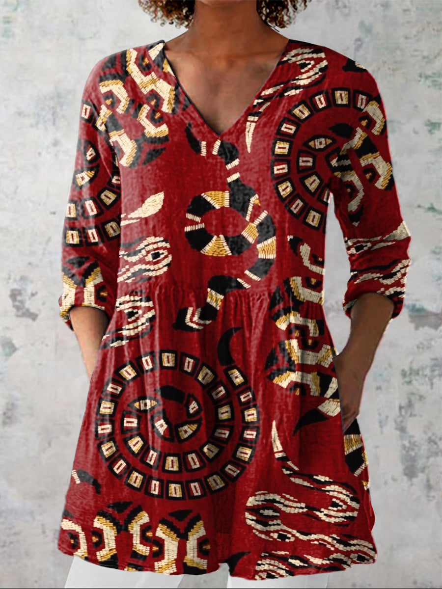 Multicolor Venomous Snake Pattern Printed Women's Casual Linen V-Neck Shirt
