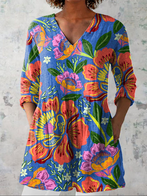 Summer Tropical Floral Pattern Printed Women's Casual Linen V-Neck Shirt