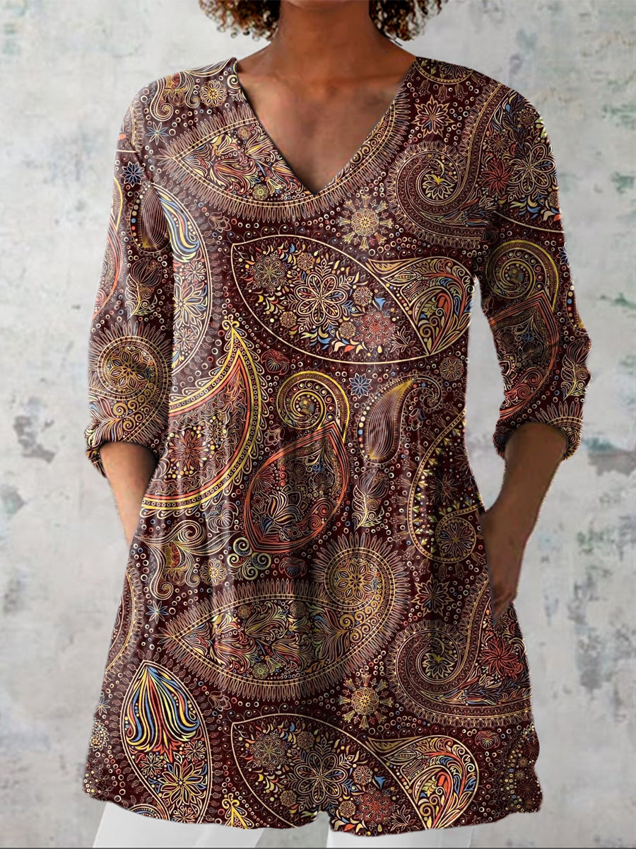 Vintage Paisley Pattern Printed Women's Casual Linen V-Neck Shirt