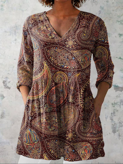 Vintage Paisley Pattern Printed Women's Casual Linen V-Neck Shirt
