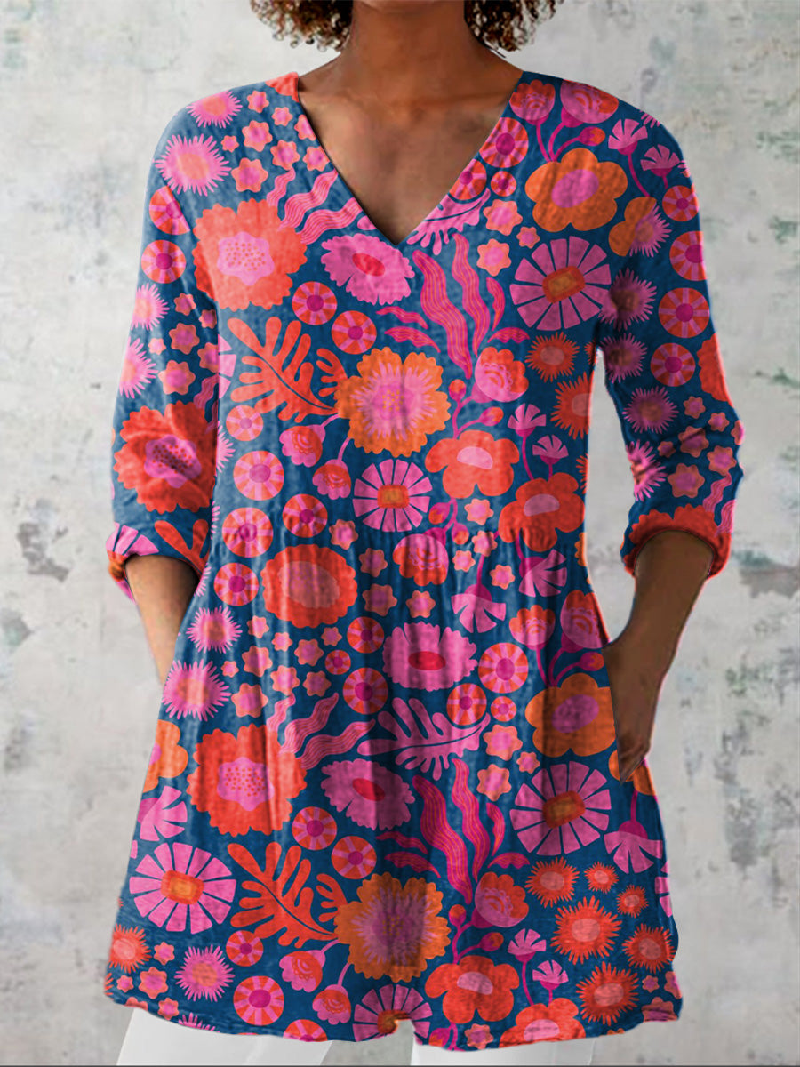 Lovely Summer Floral Pattern Printed Women's Casual Linen V-Neck Shirt