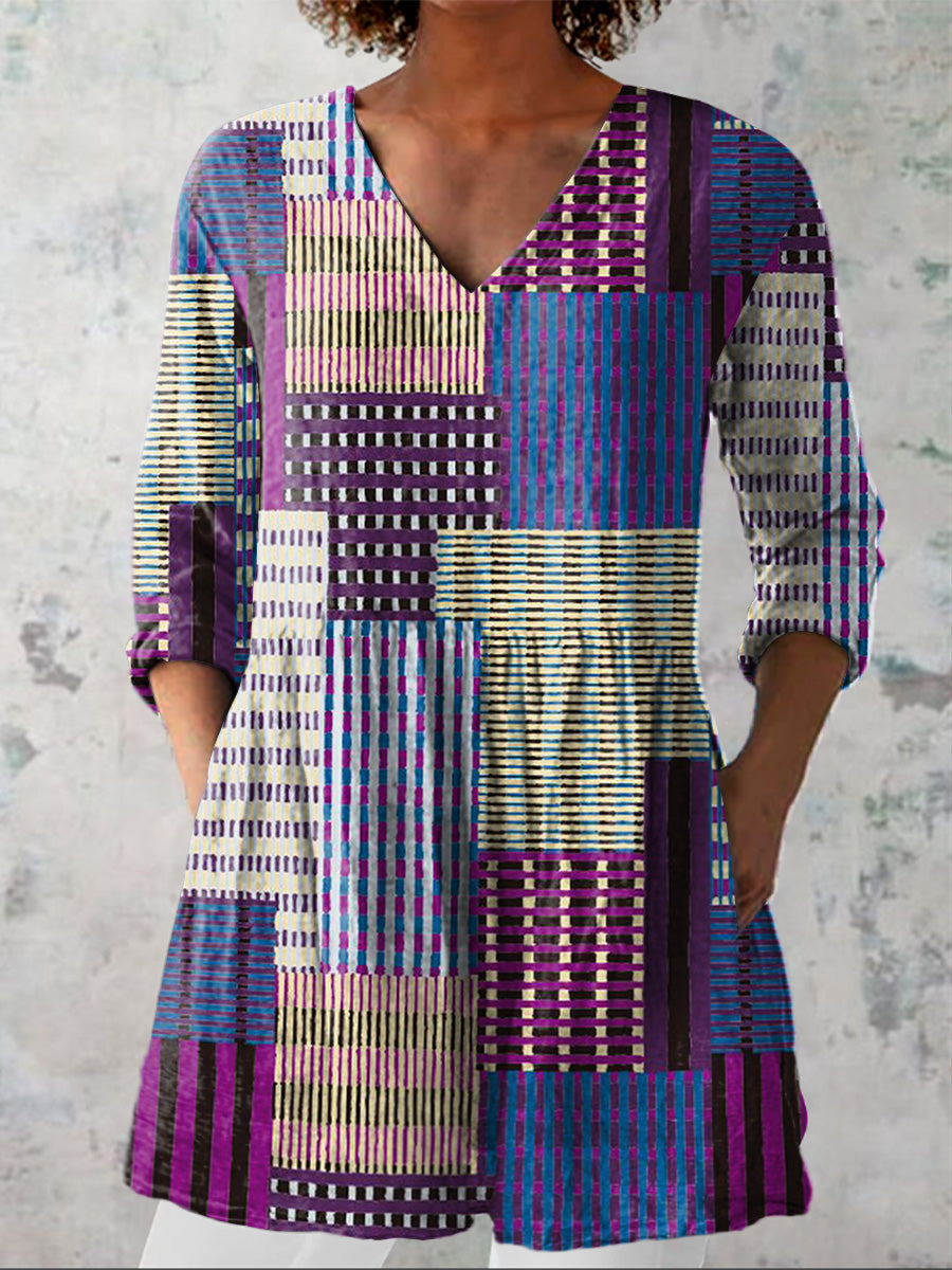 Geometric Architecture Pattern Printed Women's Casual Linen V-Neck Shirt