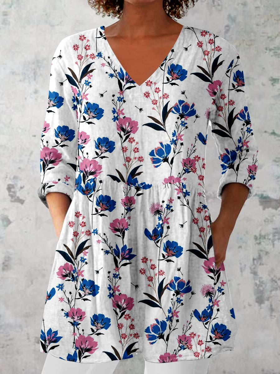 Women's Elegant Floral Pattern Cotton and Linen Top