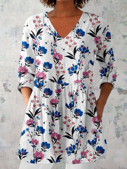 Women's Elegant Floral Pattern Cotton and Linen Top