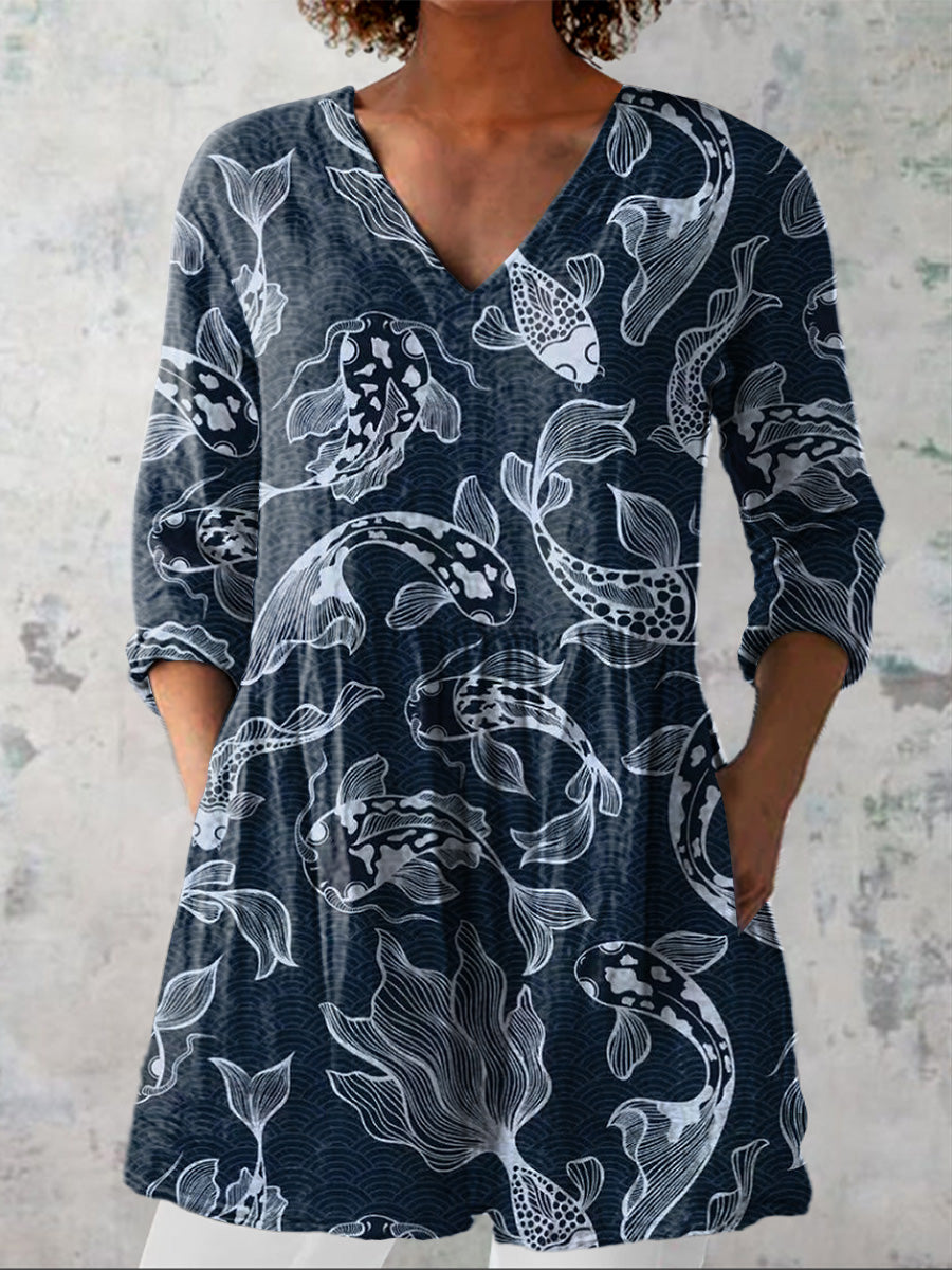 Japanese Koi Fish Pattern Printed Women's Casual Linen V-Neck Shirt