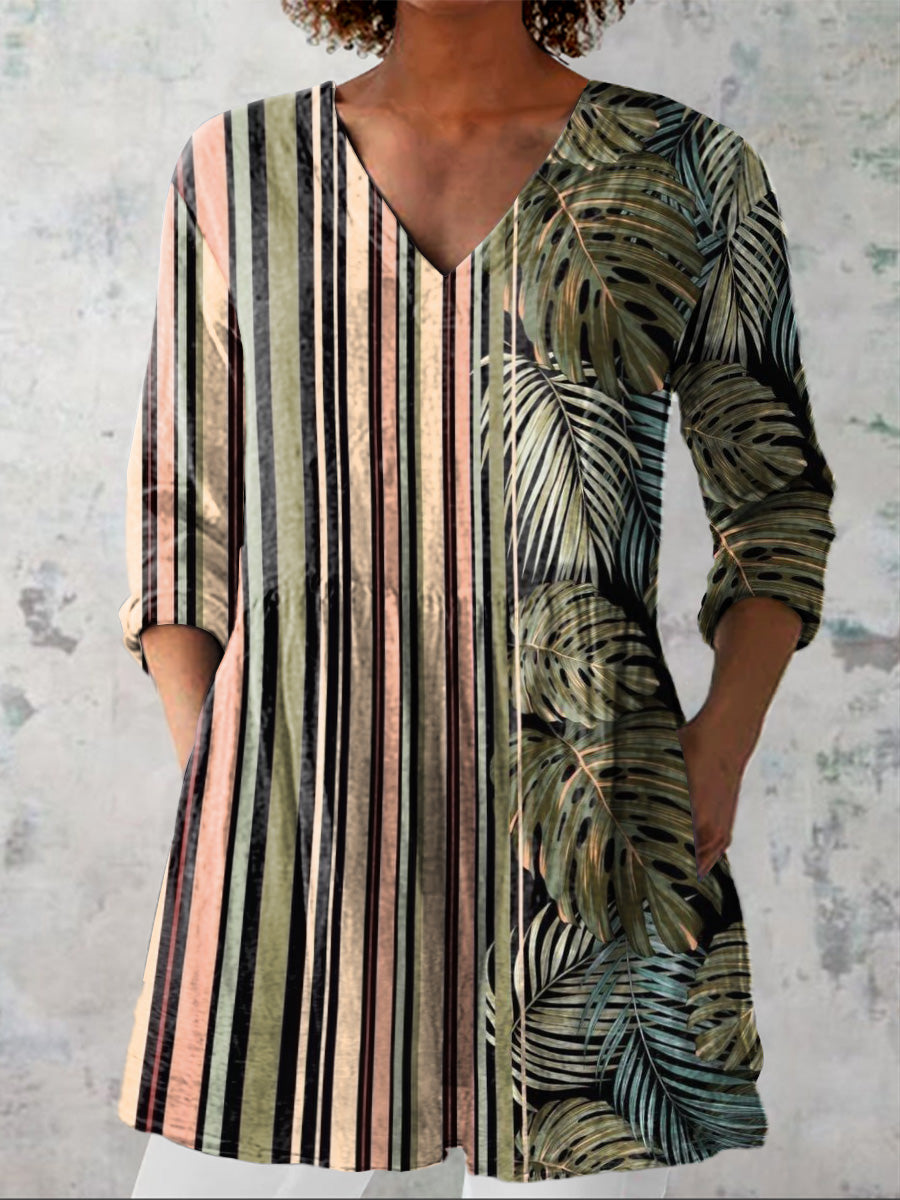 Strip And Palm Tree Leaf Pattern Printed Women's Casual Linen V-Neck Shirt