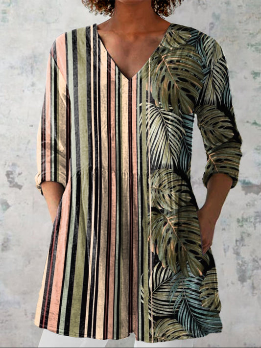 Strip And Palm Tree Leaf Pattern Printed Women's Casual Linen V-Neck Shirt