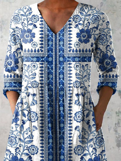 Boho Style Floral Pattern Printed Women's Casual Linen V-Neck Shirt