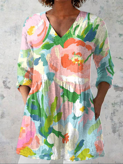 Women's  Vintage Floral Art Print Casual Linen V-neck Shirt