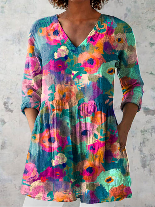 Women's Colorful Flower Art Print Casual Linen V-neck Shirt