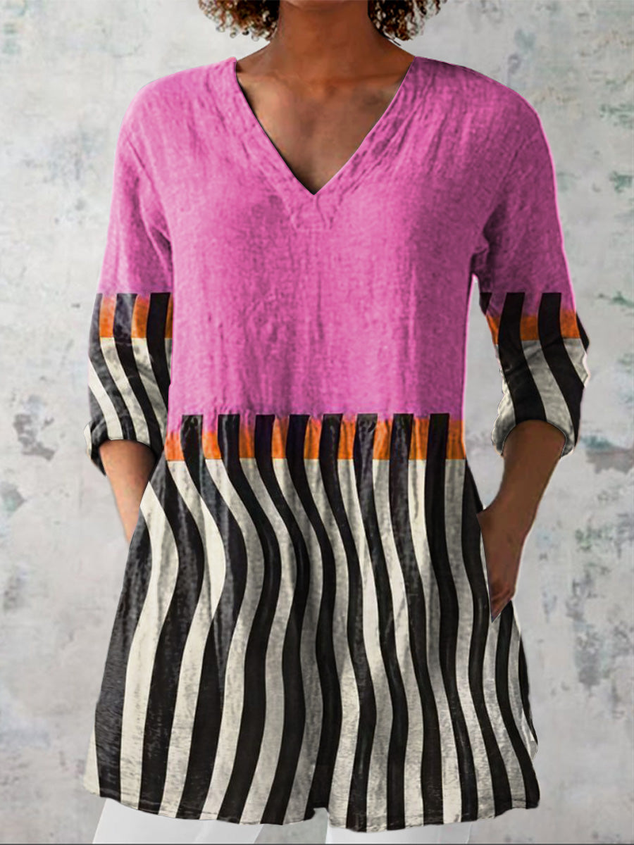 Colorful Geometric Pattern Printed Women's Casual Linen V-Neck Shirt