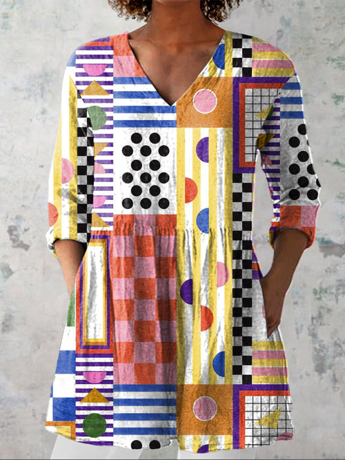 Contemporary Geometric Pattern Printed Women's Casual Linen V-Neck Shirt