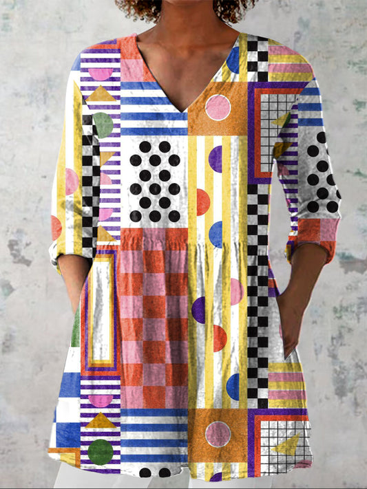 Contemporary Geometric Pattern Printed Women's Casual Linen V-Neck Shirt