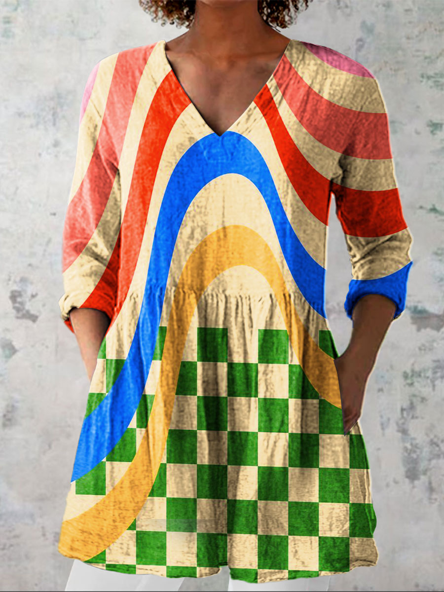 Women's Colorful Geometric Art Print Casual Linen V-neck Shirt