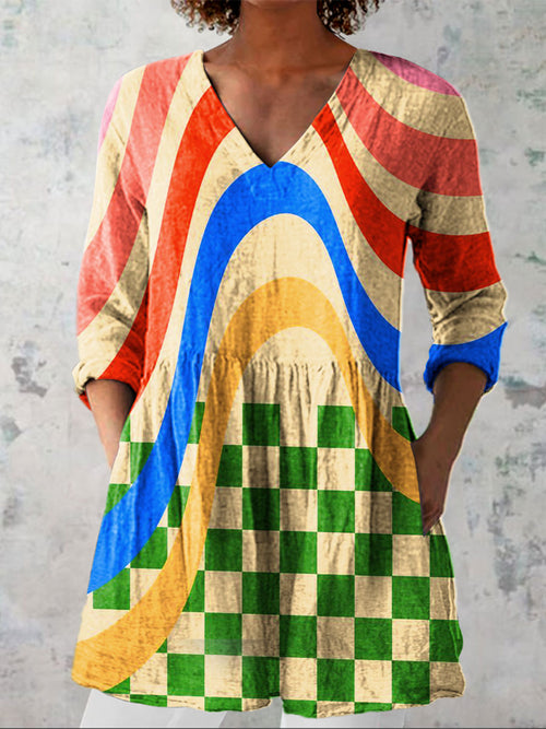 Women's Colorful Geometric Art Print Casual Linen V-neck Shirt