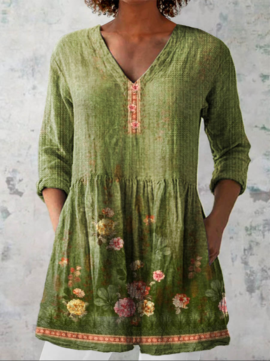 Women's Vintage Floral Art Print Casual Cotton Linen V-neck Shirt