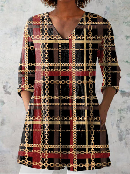 Gold Chain And Plaid Pattern Printed Women's Casual Linen V-Neck Shirt
