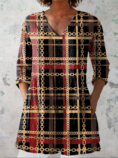 Gold Chain And Plaid Pattern Printed Women's Casual Linen V-Neck Shirt