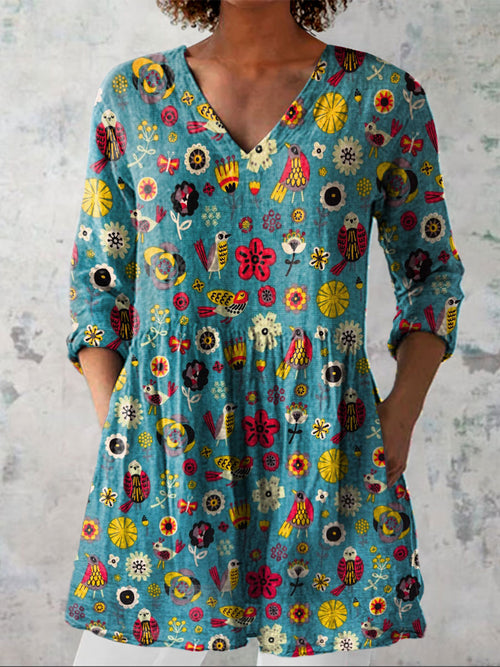 Women's Vintage Flower Art Print Casual Linen V-neck Shirt
