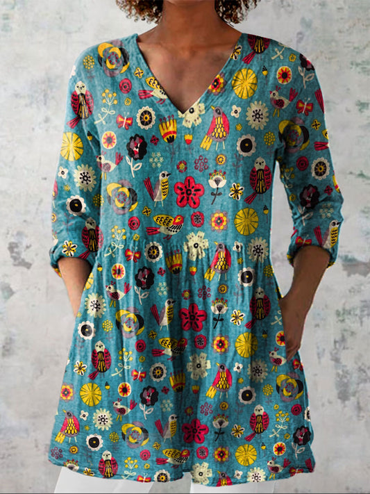 Women's Vintage Flower Art Print Casual Linen V-neck Shirt