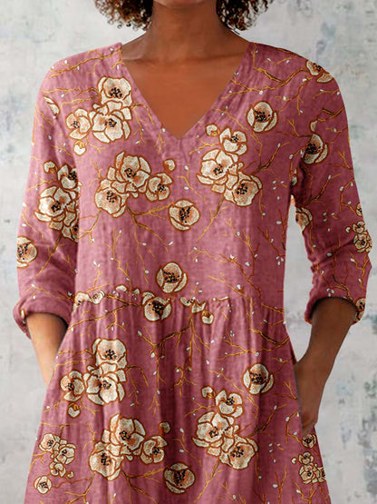 Women's Elegant Floral Print Pattern Cotton and Linen Top