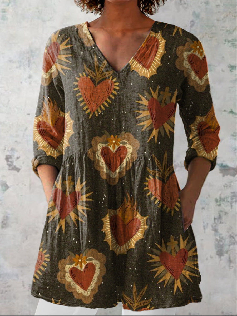 Retro Heart Repeat Pattern Printed Women's Casual Linen V-Neck Shirt