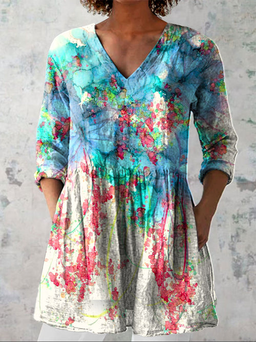 Women's Colorful Flower Art Print Casual Linen V-neck Shirt