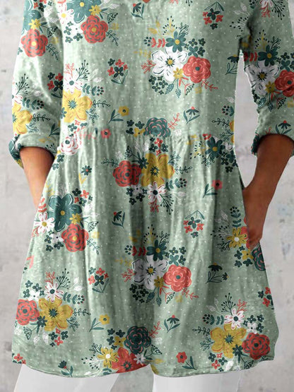 Women's Elegant Floral Pattern Cotton and Linen Top