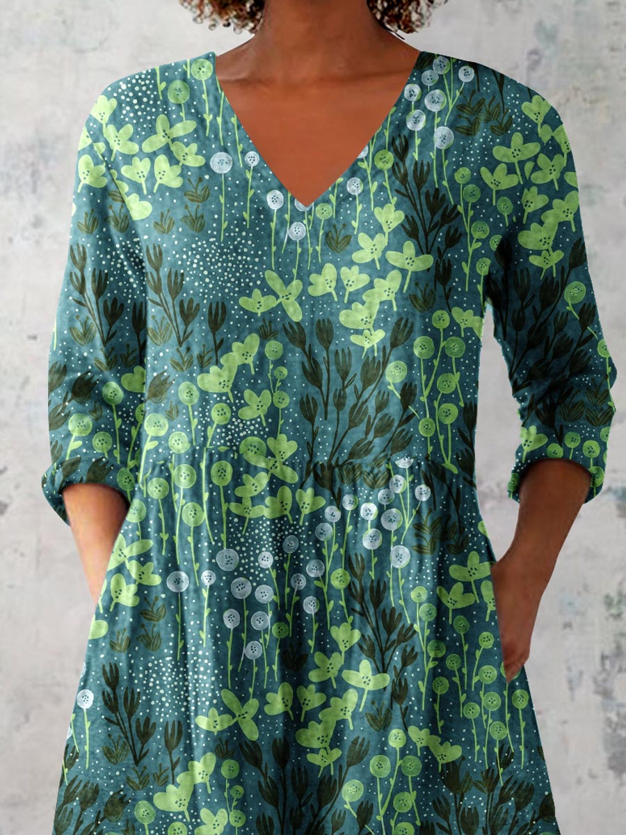 Women's Elegant Art Floral Print V-Neck Cotton and Linen Top
