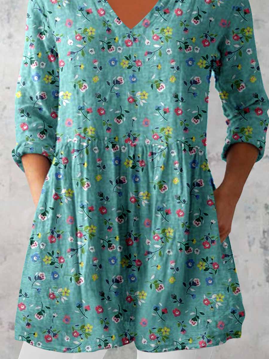 Women's Elegant Floral Print V-Neck Cotton and Linen Top