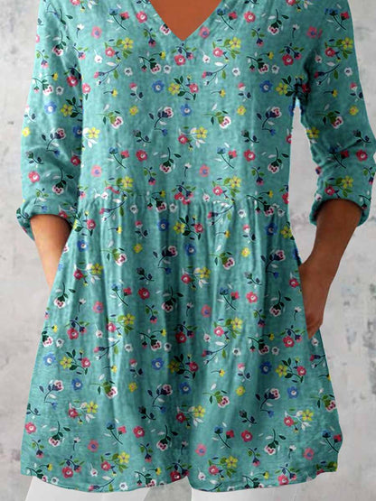 Women's Elegant Floral Print V-Neck Cotton and Linen Top