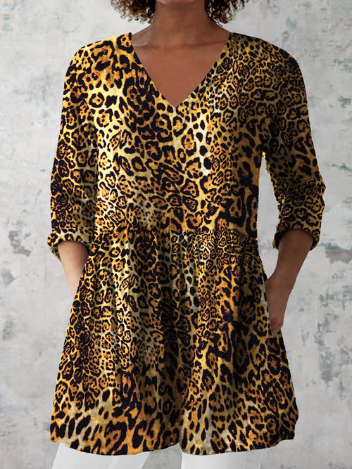 Women's Retro Leopard Print Casual Cotton And Linen V-neck Top