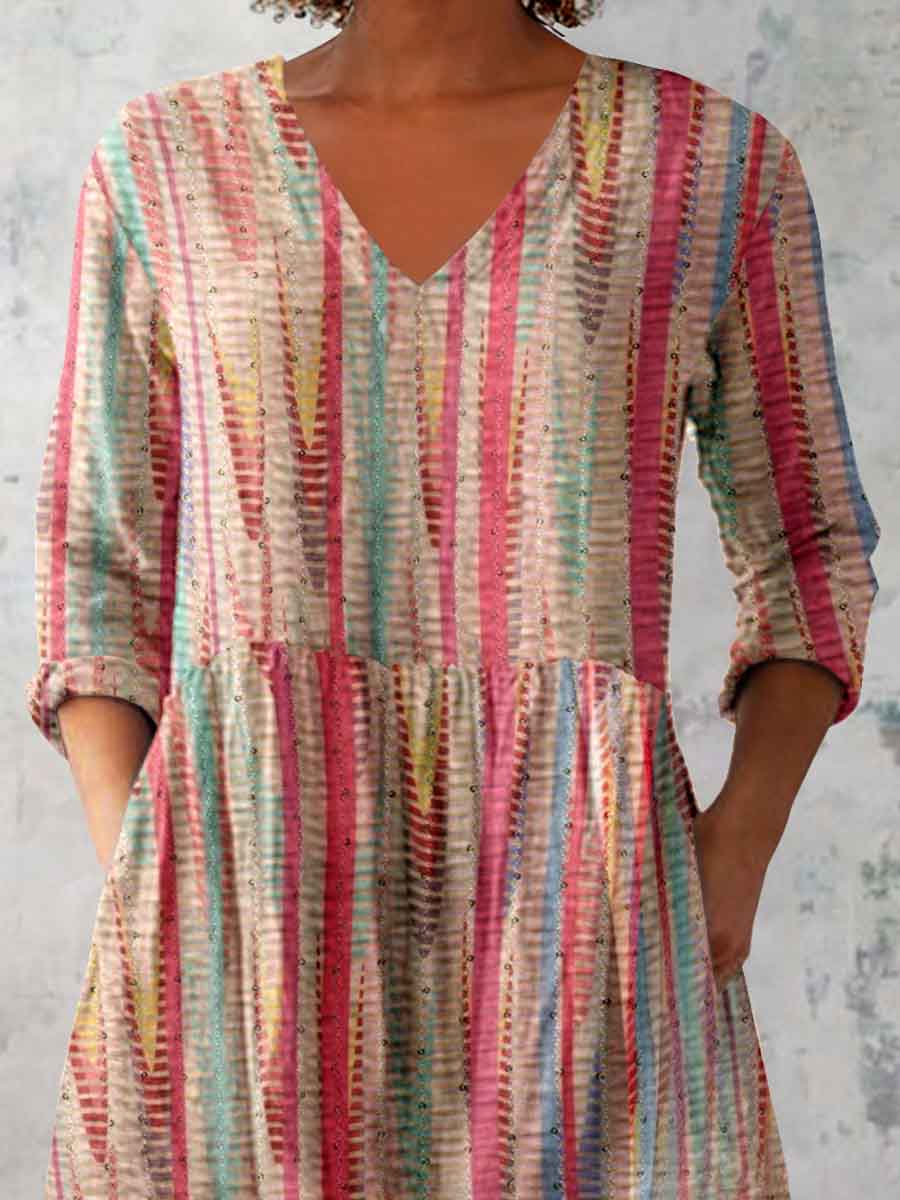 Women's Artistic Irregular Pattern Cotton and Linen Round Neck Top