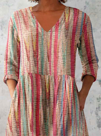 Women's Artistic Irregular Pattern Cotton and Linen Round Neck Top