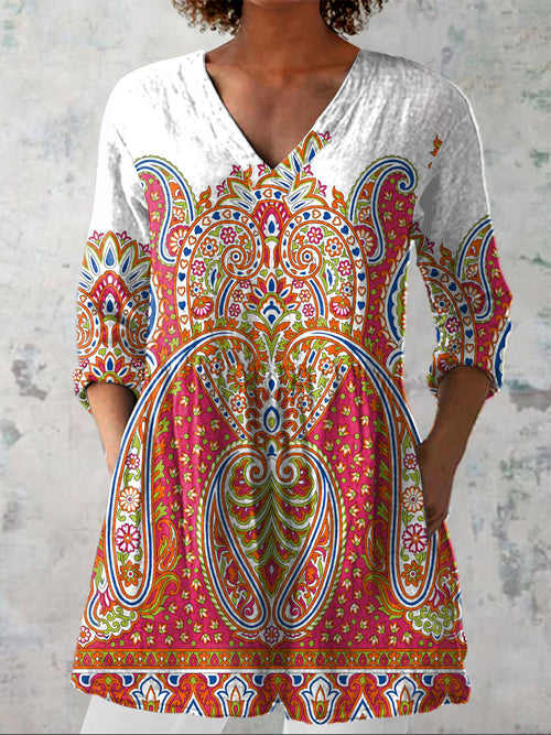 Women's Boho  Flowers Art  Print Casual Linen V-neck Shirt