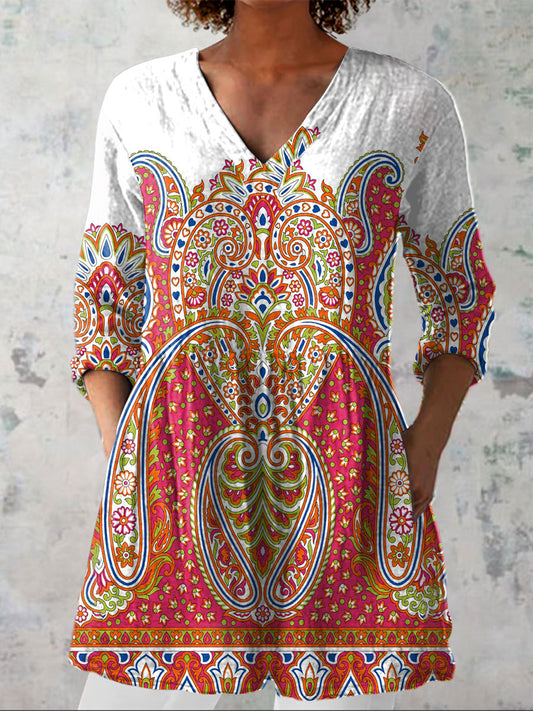 Women's Boho  Flowers Art  Print Casual Linen V-neck Shirt