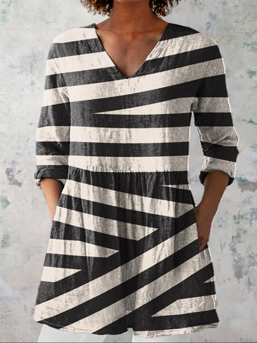Irregular Strip Pattern Printed Women's Casual Linen V-Neck Shirt
